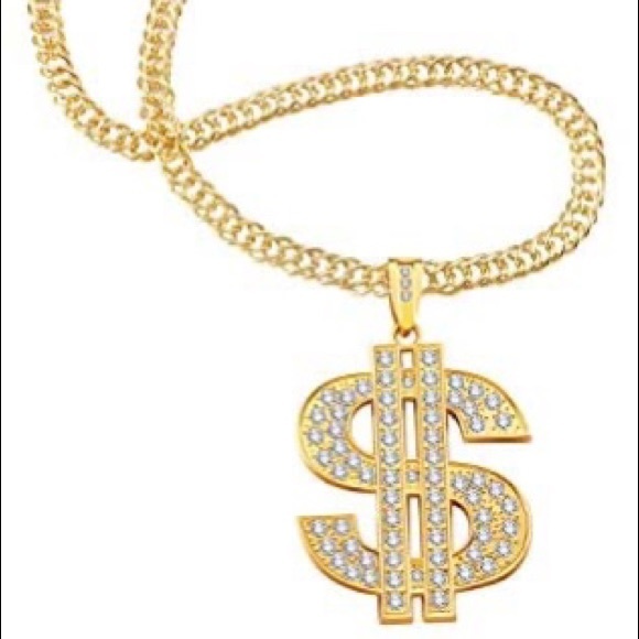 Zara $ Money Gold + Clear Crystals Link Chain Necklace Hip Hop - Picture 5 of 16